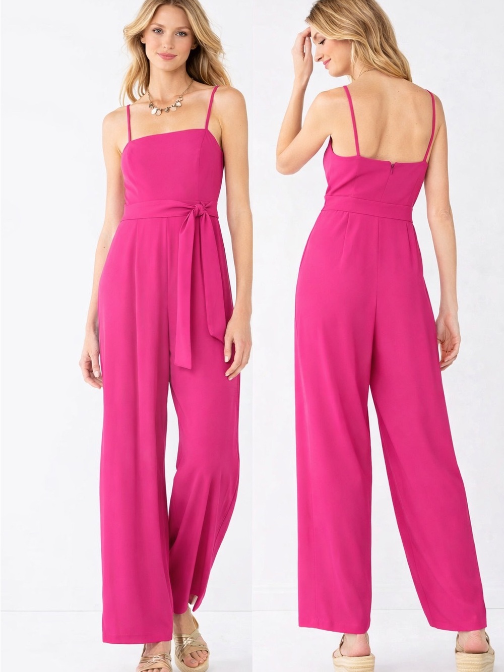 Nine West Bright Fuchsia Spaghetti-Strap Jumpsuit with Waist Sash